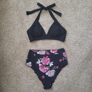 NWT Cupshe Black Floral Halter High-waist Bikini